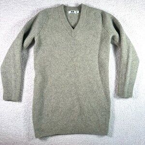 Uniqlo 100% Wool Sweater Dress V Neck Short Mini Grey Green Comfy Warm Party XS